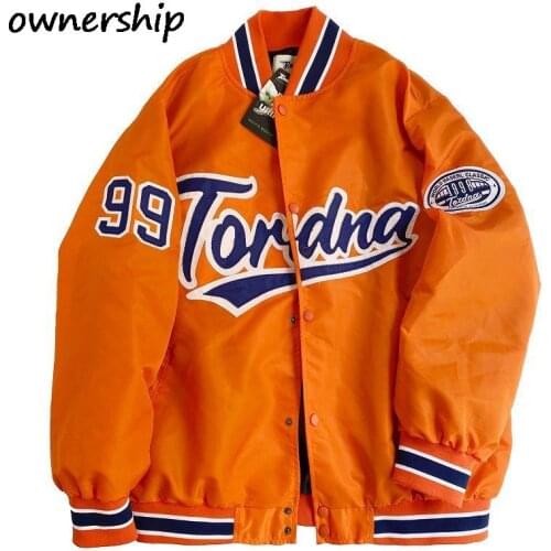 Vintage Embroidery Orange Bomber Jacket 2021 Autumn Hong Kong Style Letter Baseball Coat Casual Long Sleeve Large Size Cardugan
