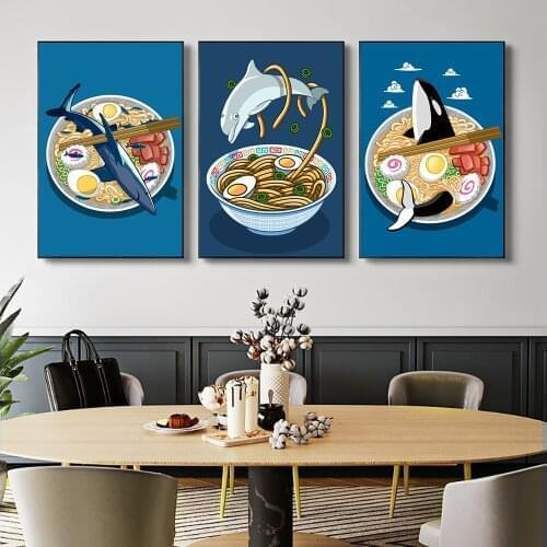 Japanese Ramen Dolphin Shark Killer Whale Print Poster Cartoon Canvas Pictures Nostalgia Kitchen Wall Home Art Decor Painting