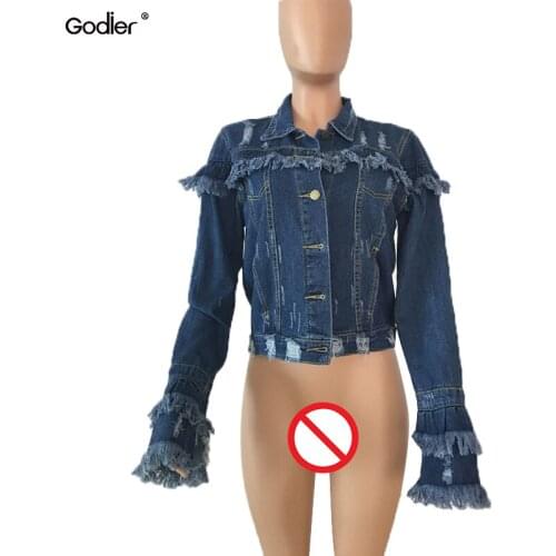 Godier Chaqueta Jeans Mujer Womens New Punk Ripped Tassel Short Denim Jacket And Coat Femme Bolero Biker Bomber Jacket