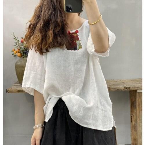 Women Patchwork Loose Retro Blouse Tops Ladies Vintage Spliced Summer Autumn Shirt Female 2020 Shirts Blouses