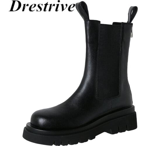 Drestrive Women Mid Calf Boots Round Toe Beige Platform Zipper Cow Split Leather 2021 Winter Shoes Thick Heels Big Size 42