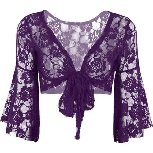 Fashion Women Long Flare Sleeve Floral Lace Ballet Latin Wrap Tops Belly Dance Costume Adult Shrug Cover-Ups Cardigan Dancewear