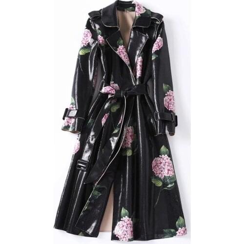 High Quality New Long Coat Trench 2021 Autumn Winter Casual Windbreaker Women Suede Leather Print Adjustable Belt Coat Outerwear