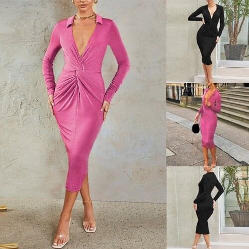 Autumn Sexy Solid Color Slim V-Neck Cross-Knot Long-Sleeved Dress Women Fashion Slim Dress