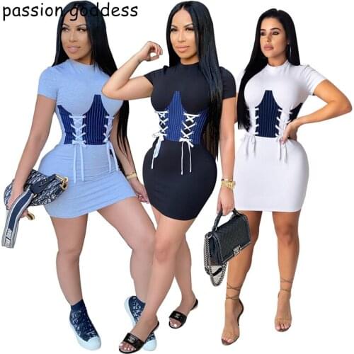 Summer 2020 Women Plus Size Casual T Shirt Dress O Neck Short Sleeve Bandage Stripe Patchwork Bodycon Mini Sexy Dresses Vestidos