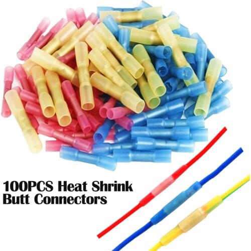 100Pcs Heat Shrink Butt Wire Connectors Waterproof Insulated Automobile Wire Cable Crimps Terminals Electrical Connector Kit