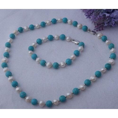 8mm turquoise7-8mm white pearl necklacebracelet set
