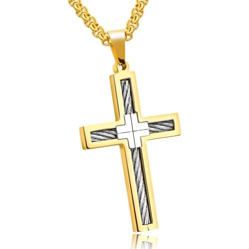 Fashion New Gift Silver Color Wire 316L Stainless Steel Gold Cross Crucifix Pendants Necklaces Mens Womens Jewelry Box Chain 24"