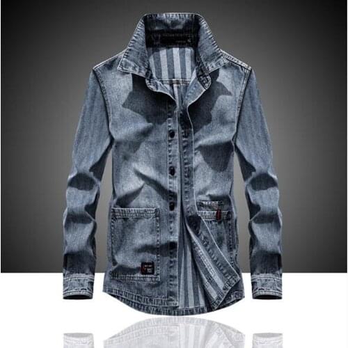 Classic Mens Shirts Autumn Winter Fashion Denim Shirts Men Casual Washed Motorcycle Jean Shirt Coat Male