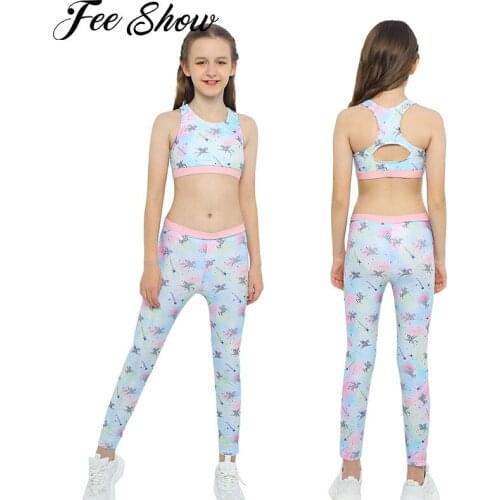 2Pcs Kids Girls Yoga Suit Sport Sets Gym Fitness Tracksuits Sleeveless Racer Back Keyhole Back Top High Waist Elastic Pants Set