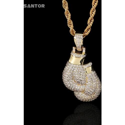 New Boxing Gloves Pendant Ice Out Zircon Hip Hop Necklace Gold Plated Pendant Jewelry Men Women