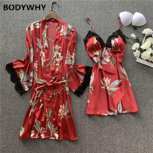 Summer Ladies Sexy Nightdress Japanese Lace Printed Silk Long Sleeve Silk Suspenders Nightdress Womens Lingerie Nightgown