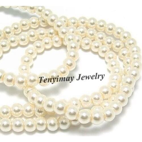 Fashion 5 Strands 85cm/Strand 6mm Off-White Glass Pearl Loose Beads, Beige Pearl Beads Free Shipping