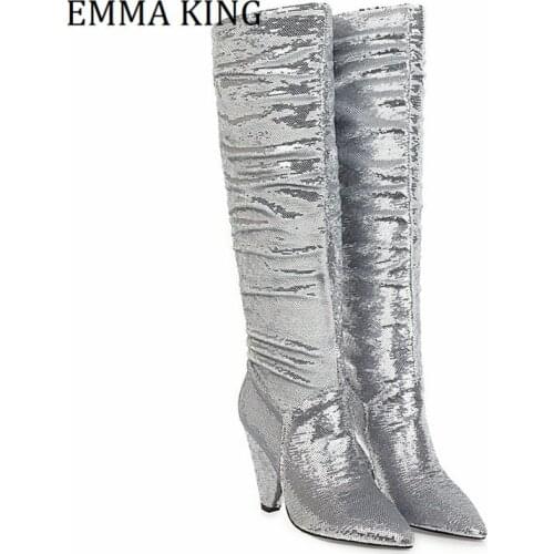 Fashion Knee High Boots for Woman Bling Sequine Cloth Spike Heels Womens Boots 2021 Autumn Botas De Mujer Women Large Size 46