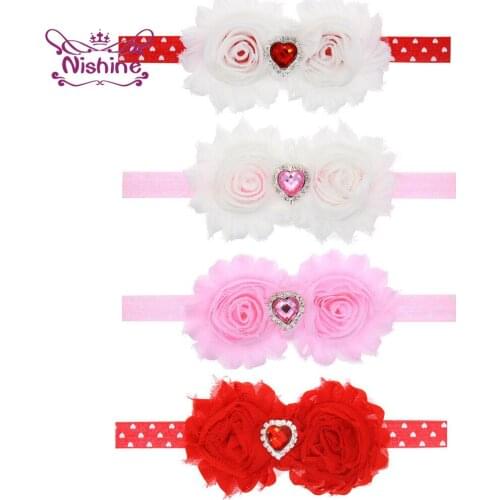 Nishine Shining Heart-shaped Rhinestone Flower Baby Headband Fashion Print Elastic Hairband Infant Headwear Clothing Accessories