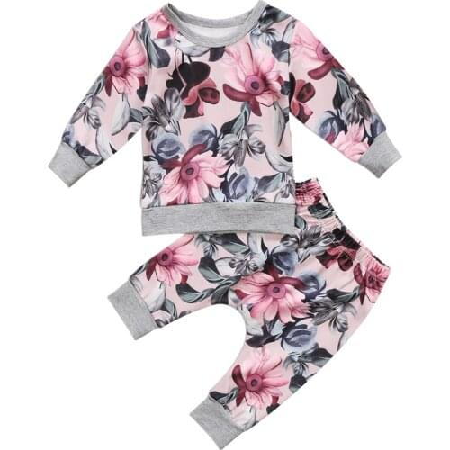 0-24M Spring Fall Newborn Baby Girls Clothes Long Sleeve O-Neck Pullover Floral Print T Shirt Tops Pants Outfit