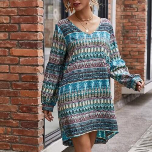 Womens Dresses Bohemian Totem Printing Loose Long Sleeve Chiffon Dress Female Long T-shirt Pullover Top Casual Home Dress