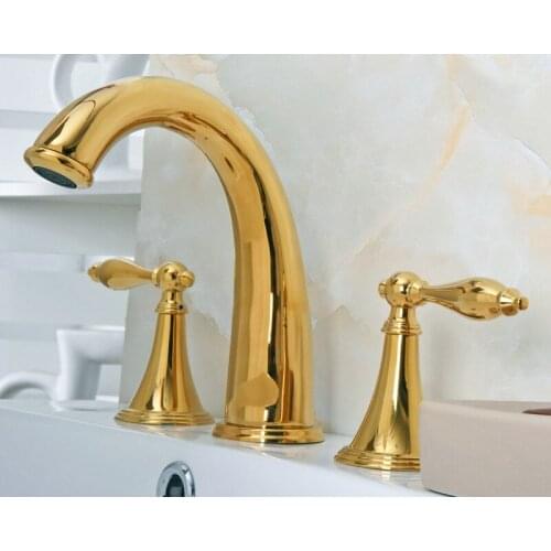 Deck Mounted 3 Holes Bath Tub Mixer Tap Gold Color Polished Brass Widespread 2 Handles bathroom basin Faucet agf020