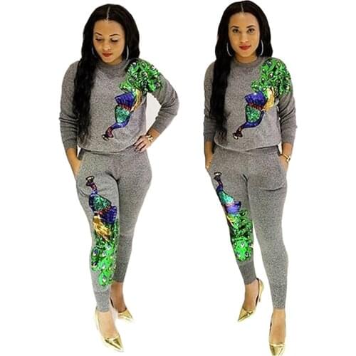 Tracksuit Women Two Piece Set Autumn Clothes Peacock Sequins Long Sleeve Pullover Top and Pants Sweat Suit Female Casual Outfits