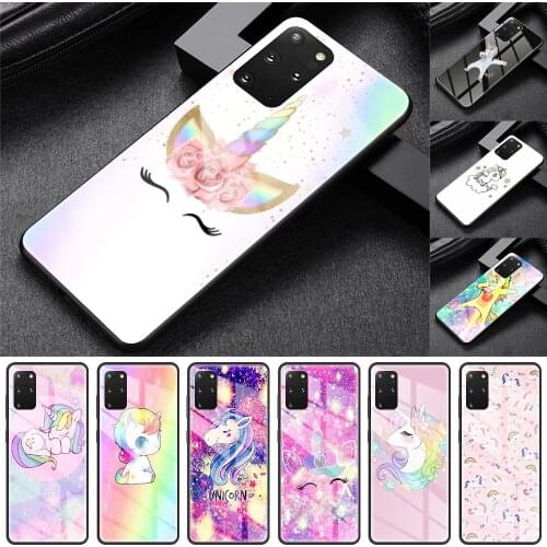 Glass Case For Samsung Galaxy S20 FE S10 S9 S8 Plus Note 20 Ultra 10 Lite 9 8 Phone Cover Shell Cute Unicorn On Rainbow Cartoon