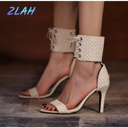 Roman Buckle Lace-up Shoes Zlah Womens Sandals Sexy Gladiator Lace-up Open-toe Sandals High Heels Womens Shoes