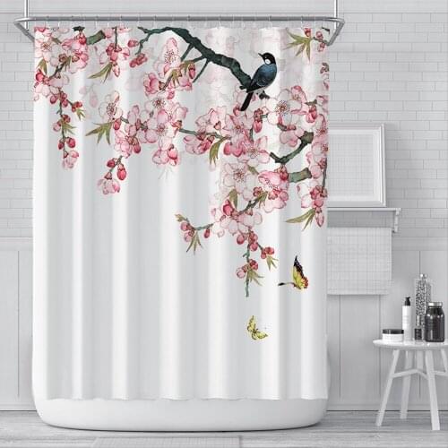 Pink Cherry Blossom Peach Blossoms Shower Curtain White Background Girl Bathroom Waterproof Polyester Cloth Screen With Hook Set