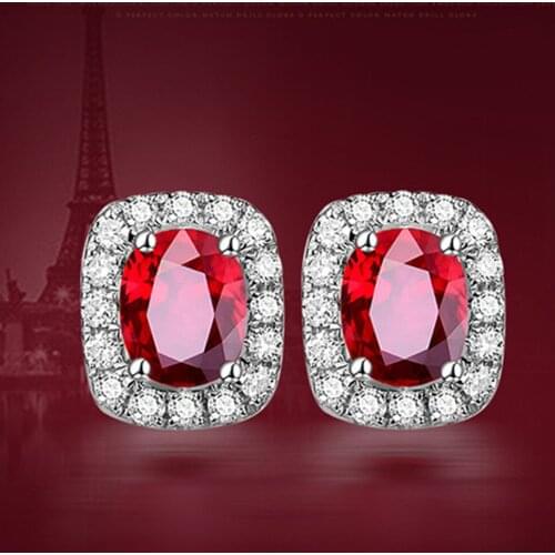 Small Elegant Ruby Gemstones red Crystal stud earrings women fashion zircon diamond white gold sterling silver925 luxury jewelry