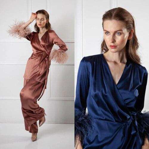 Vintage Two Pieces Night Robe with Feathers Long Sleeve Pant Suits Women Sleepwear Nightgown Robes