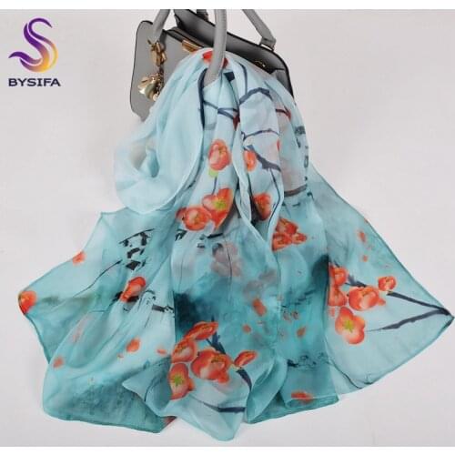 [BYSIFA] Summer Fall Women Pure Silk Scarf Shawl Fashion Brand Flower Design 100% Pure Silk Scarf Winter Neck Scarf 180*65cm