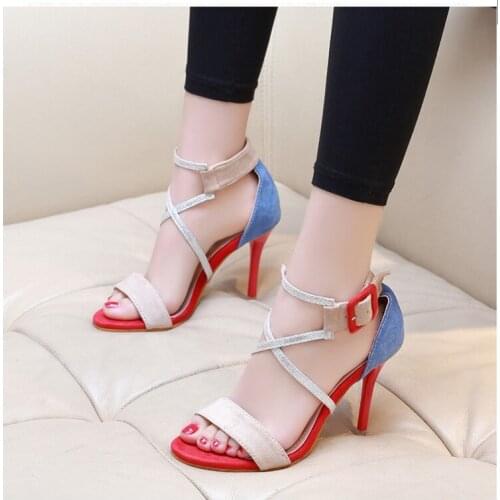 Genuine Leather Sandals Women Shoes Buckle Strip Sandal Sexy Size 34-39 Elegant Multicolor High Heels Summer Thin Heel Shoes