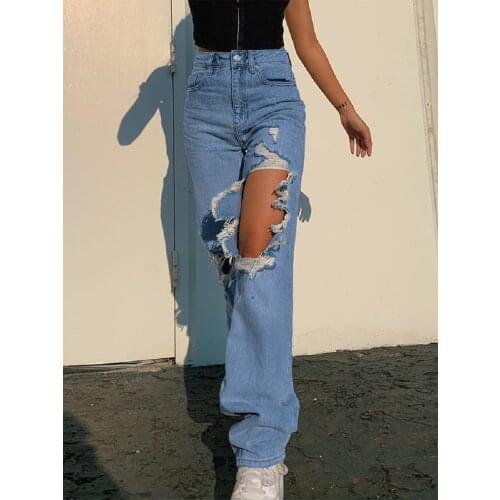 High Waist Denim Jeans For Women Boyfriend Ripped Hole Straight Jeans Pants Ladies Vintage Full Length Pants