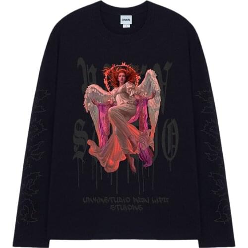 Cotton European and American devil print dark high street retro mens and womens round neck long sleeve T-shirt loose and lazy