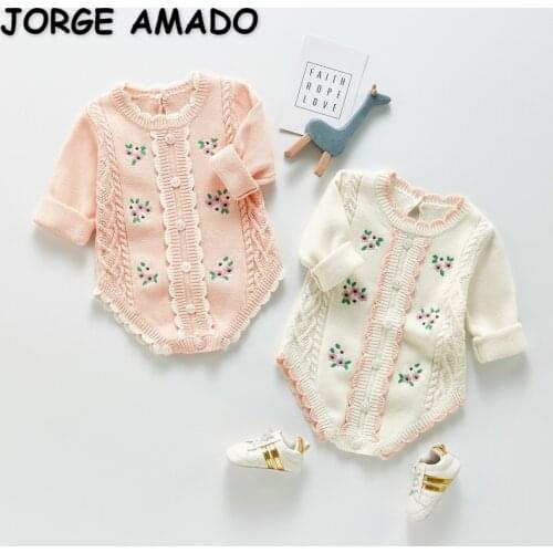 2021 New Autumn Baby Girls Bodysuit Long Sleeve Round Collar Wool Embroidery Princess Jumpsuit Kids Clothing 0-3 Years E320