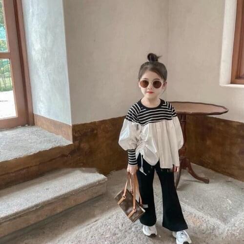 2021 Girls' suit thread elastic personalized splicing top and bell bottomed pants autumn new two pieces set