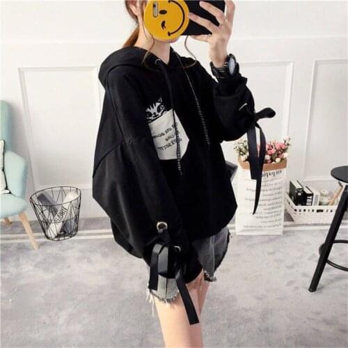 Women Hooded Sweatshirts 2019 Autumn Long Sleeve Pullover Femme Cartoon Cat Harajuku Hoodie Streetwear Kwaii Tops Funny Girls