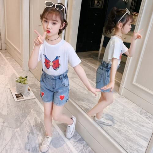 2021 Summer baby Girls Clothes Child Kid teenager bowknot t shirt + Denim Shorts hot jeans pant 5 6 7 8 9 10 11 12 13 14 Years