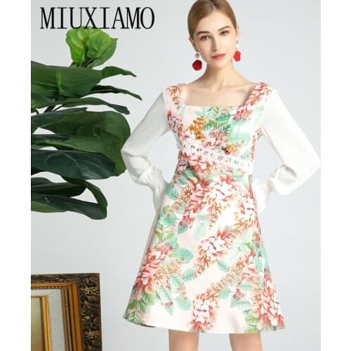 MIUXIMAO 2021 Spring Summer Square Neck Flower Printed Diamonds Lace Short Sleeve Elegant Casual Midi Dress Women Vestidos