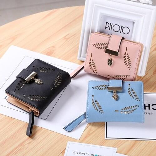 Fashion 2020 New Korean Style Short Wallet Ladies Zipper Buckle Hollow Leaf Small Purse Wallet Card Holder Mini Purse Bags