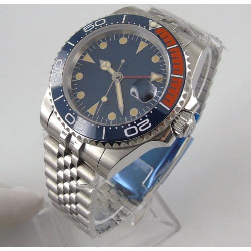 40MM Blue Sterile Dial Sapphire Glass GMT Date 21 Jewels MingZhu 3804 Jubilee Glass Back Ceramic Bezel Automatic Mens Wristwatch