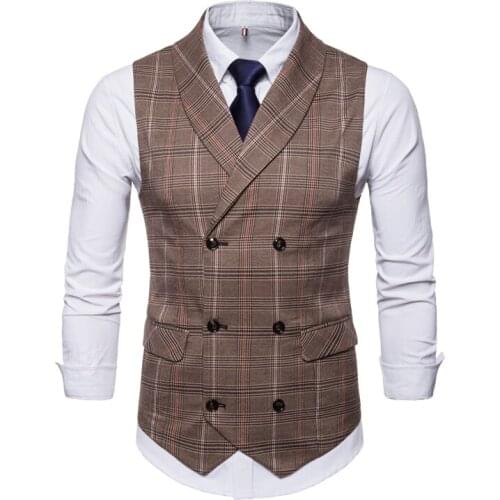 Mens Plaid Striped Double-Breasted Vest Grey Brown Slim Fit For Formal Business Male Waistcoat Clothing 2021