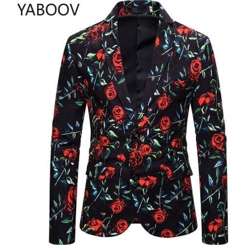 Mens Suit Jackets Casual Rose Print Long Sleeve Two Button Men Blazer Hombre Coat Jacket Tops