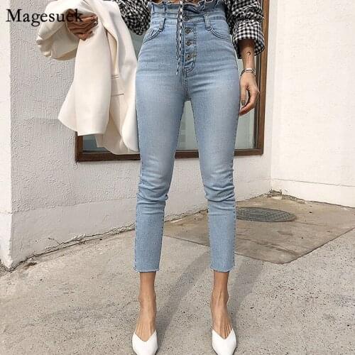 2020 New High Waist Jeans for WomanDenim Trousers Single Breasted blue Pencil Jeans Vintage Skinny Stretchy Women Pants 10403