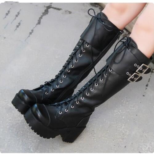 Princess sweet punk shoes Classic thick bottomed punk cos lolita boots with high boots Round head high barrel square heel pu7008