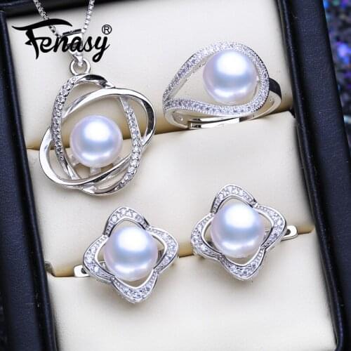 FENASY 925 Sterling Silver Jewelry Sets Natural Pearl Pendant Necklaces For Women Classic Stud Earrings Fashion Party Rings
