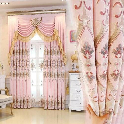 European Style Curtains for Living dining Room Bedroom Chenille Fabric Embroidery Pink Curtains Finished Product Customization