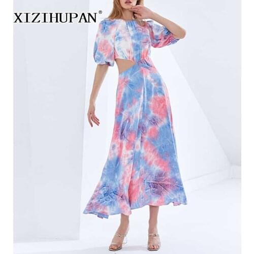 XIZIHUPAN Tie Dye Colorblock Asymmetrical Summer Dress For Women Puff Half Sleeve Gathered Waist 2021 New Long Dresses Female