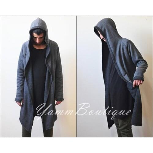 XXS-6XL Oversized Mens Cardigan Glove Sleeve Raw Edges Rope Long Asymmetric Cut Kanye Jackets