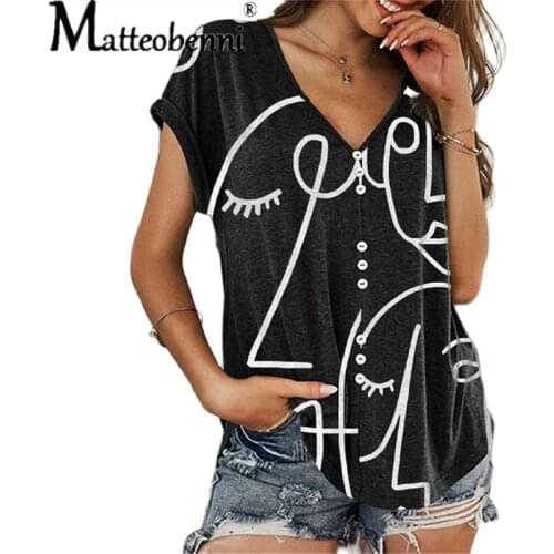 2021 Summer New Fashion Casual Loose V-Neck One-Breasted Sketch Print Short Sleeved T-Shirt Plus Size Pullover Women Clothing