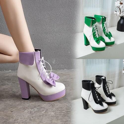 YMECHIC Fashion 2019 Winter Lolita Shoes Lace Up High Heels Platforms Cute Bow Sweet Pink Purple Green Yellow Ankle Boots Women