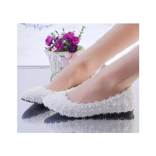 White lace flats wedding shoes woman handmade pearls female white bridal flats shoes TG1083 womans wedding party lace shoe